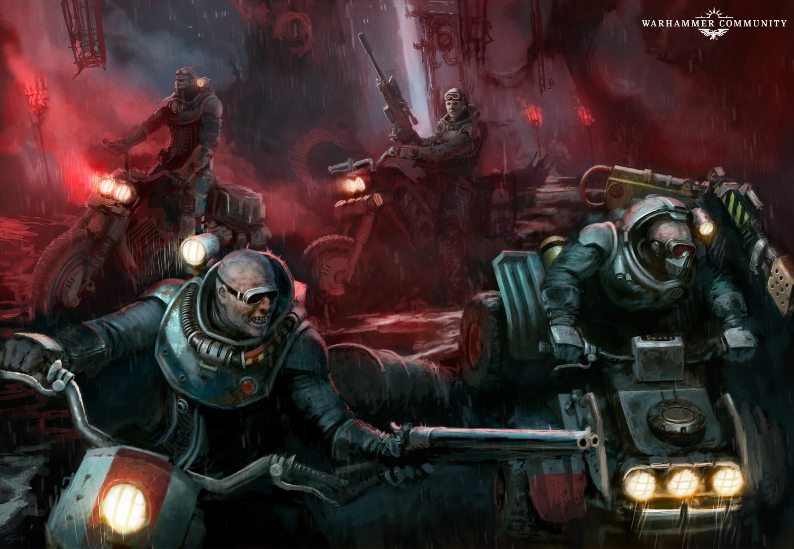 Genestealer Cult bikers and outriders in mining gear ride through red-lit ruins