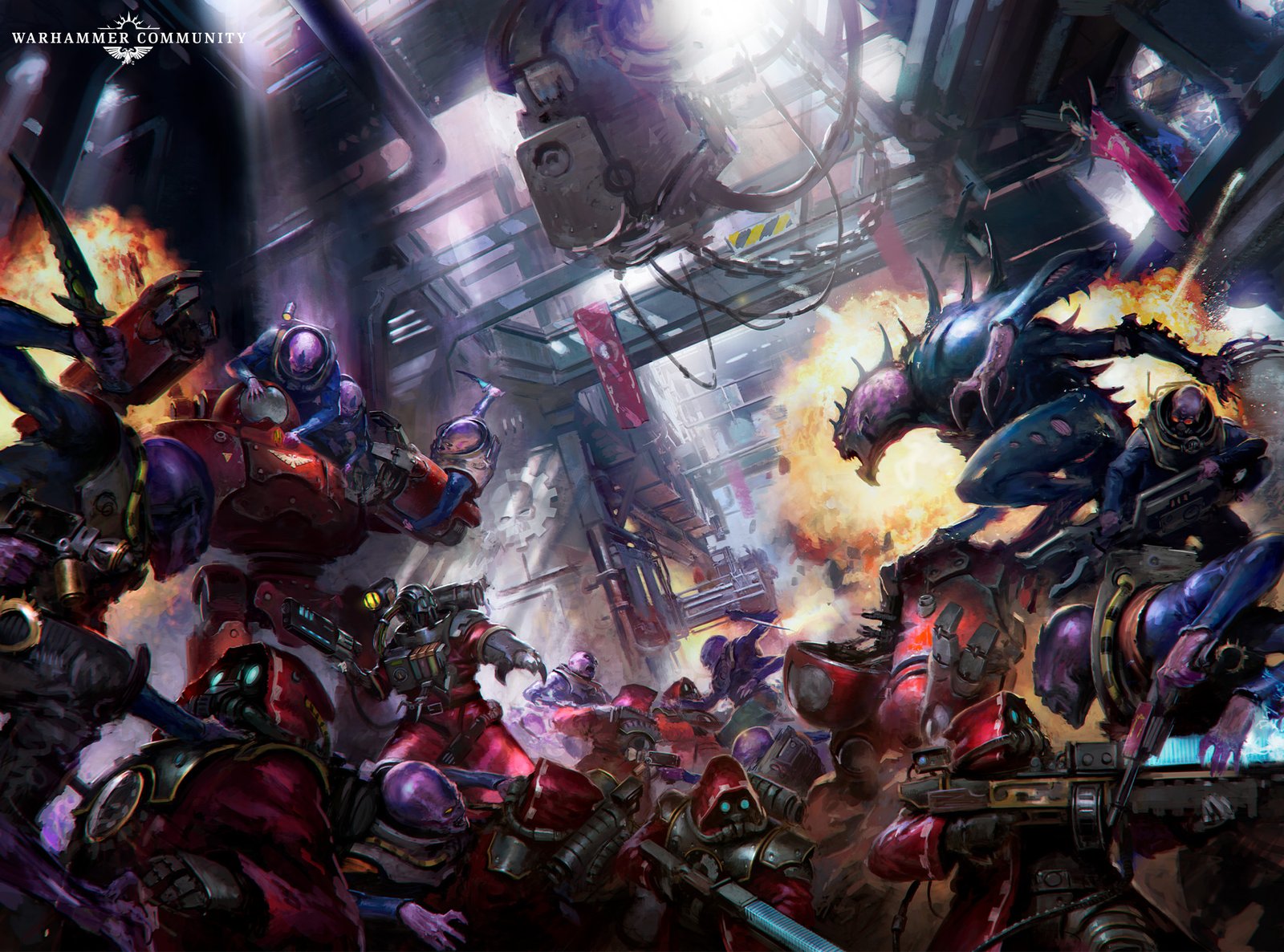 Genestealer Cult hybrids storm a burning forge complex during the uprising