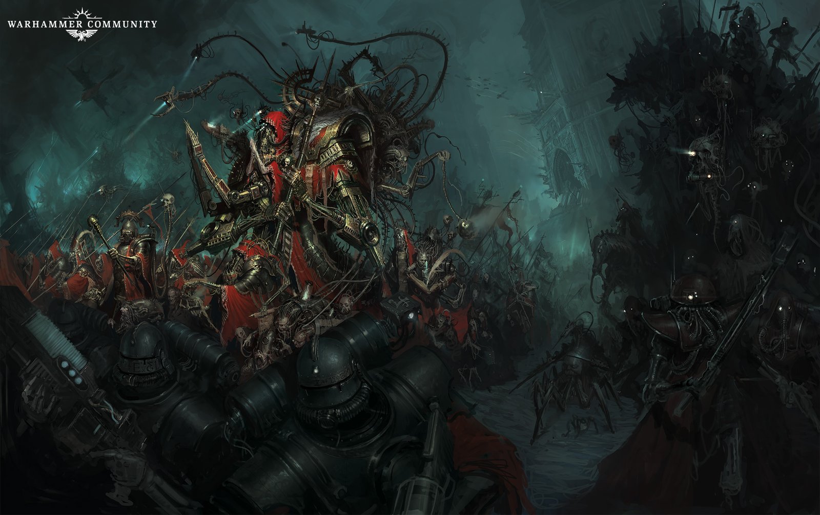 A Tech-Priest host of the Adeptus Mechanicus marching with servitors and Kataphron battle servitors