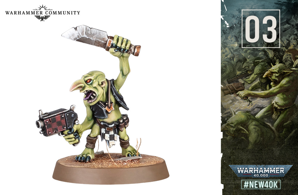 Grot Week Day 3 reveal — a Gretchin holding a large cleaver and a slugga