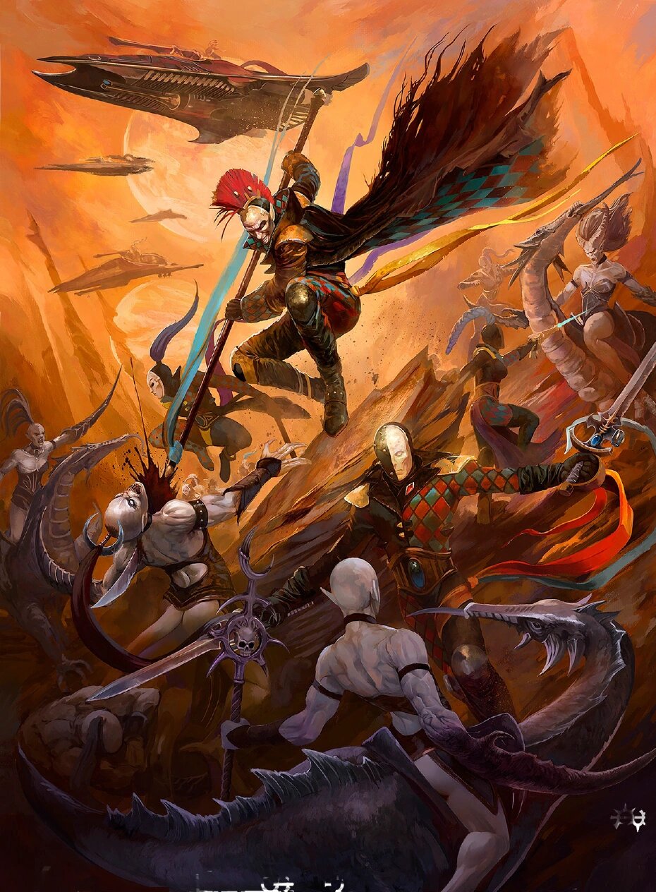 A Harlequin Troupe Master and Death Jester cut through Slaanesh's daemonettes