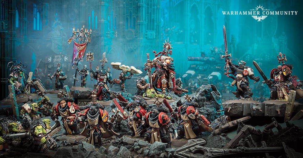 A Black Templars crusade force led by High Marshal Helbrecht advancing over Ork dead