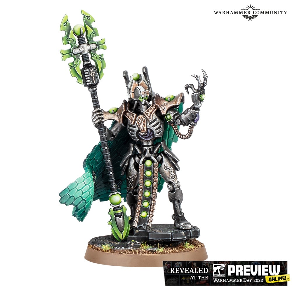 The Imotekh the Stormlord miniature, cloak trailing scarab constructs, staff of the destroyer raised
