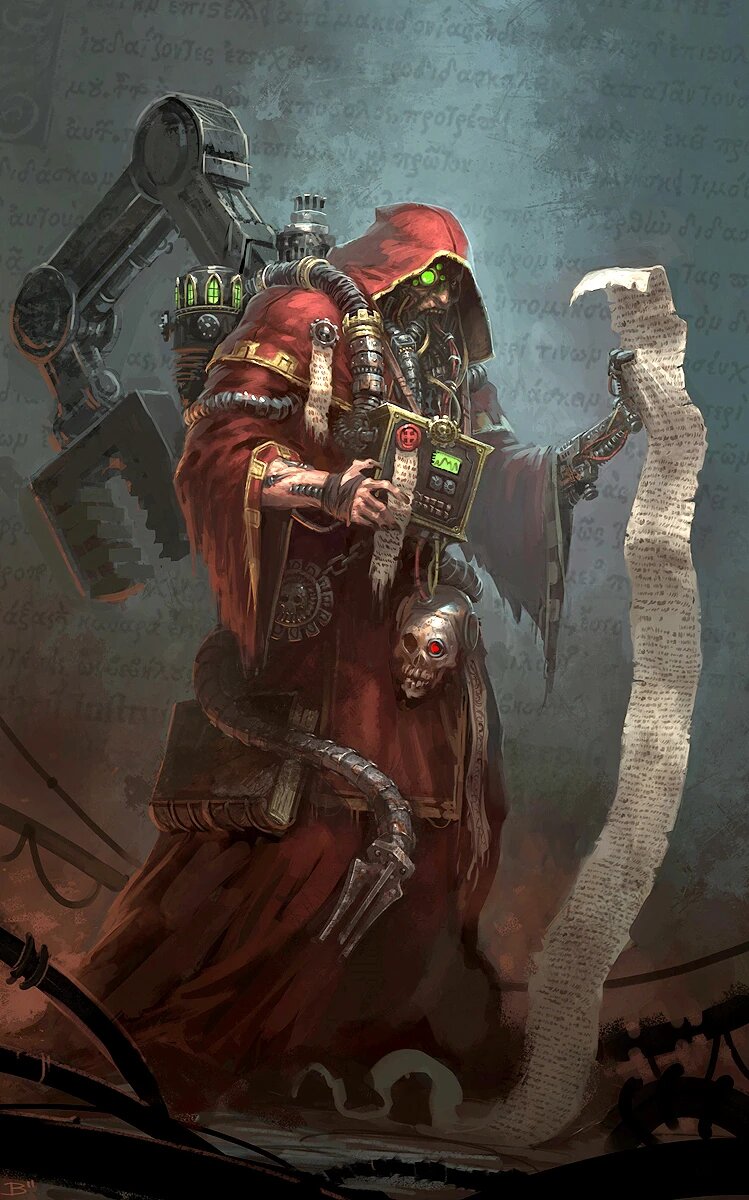 Adeptus Mechanicus Tech-priest reading a long scroll