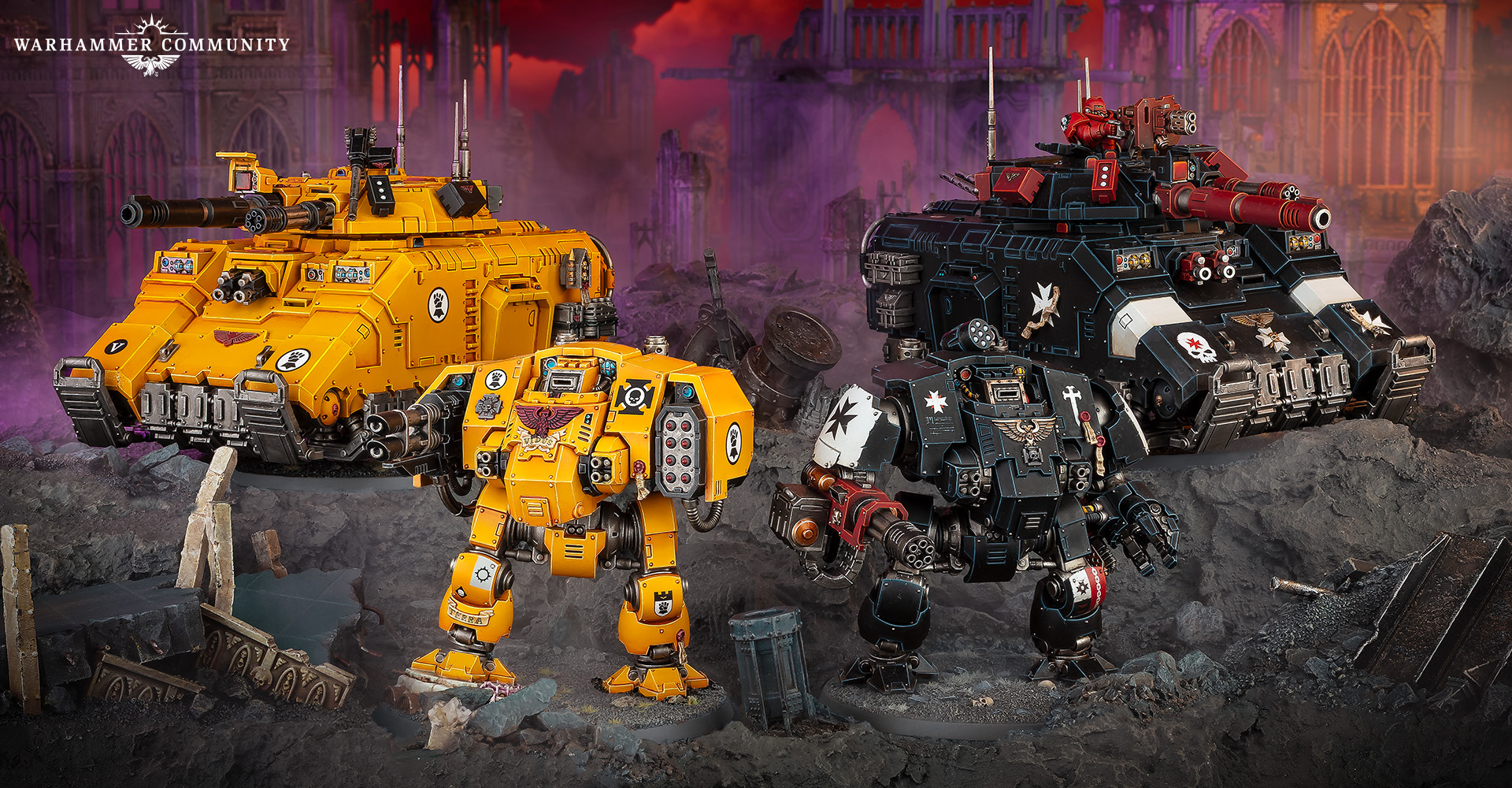 Imperial Fists and Black Templars armour side by side, two of the Chapters the Legion was broken into after the Iron Cage