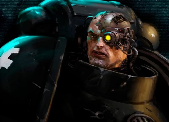 An Iron Hands Astartes with an augmetic eye and a half-rebuilt face
