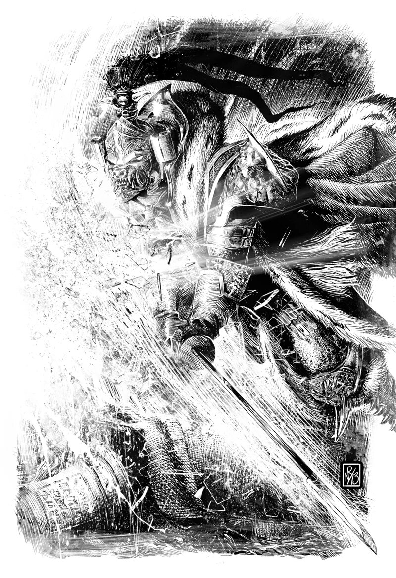 Jaghatai Khan in full war plate, sword drawn