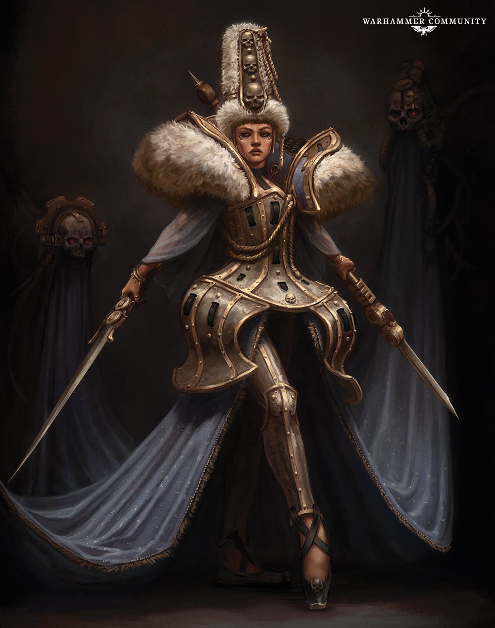 Lady Haera Helmawr in her ornate spire armour with servo-skulls