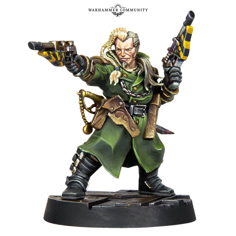 The plastic Kal Jerico miniature with duelling laspistols and green coat