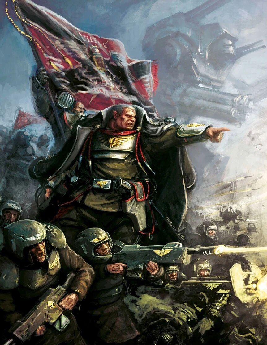 Lord Castellan Ursarkar E. Creed directing the Cadian line beneath a Titan