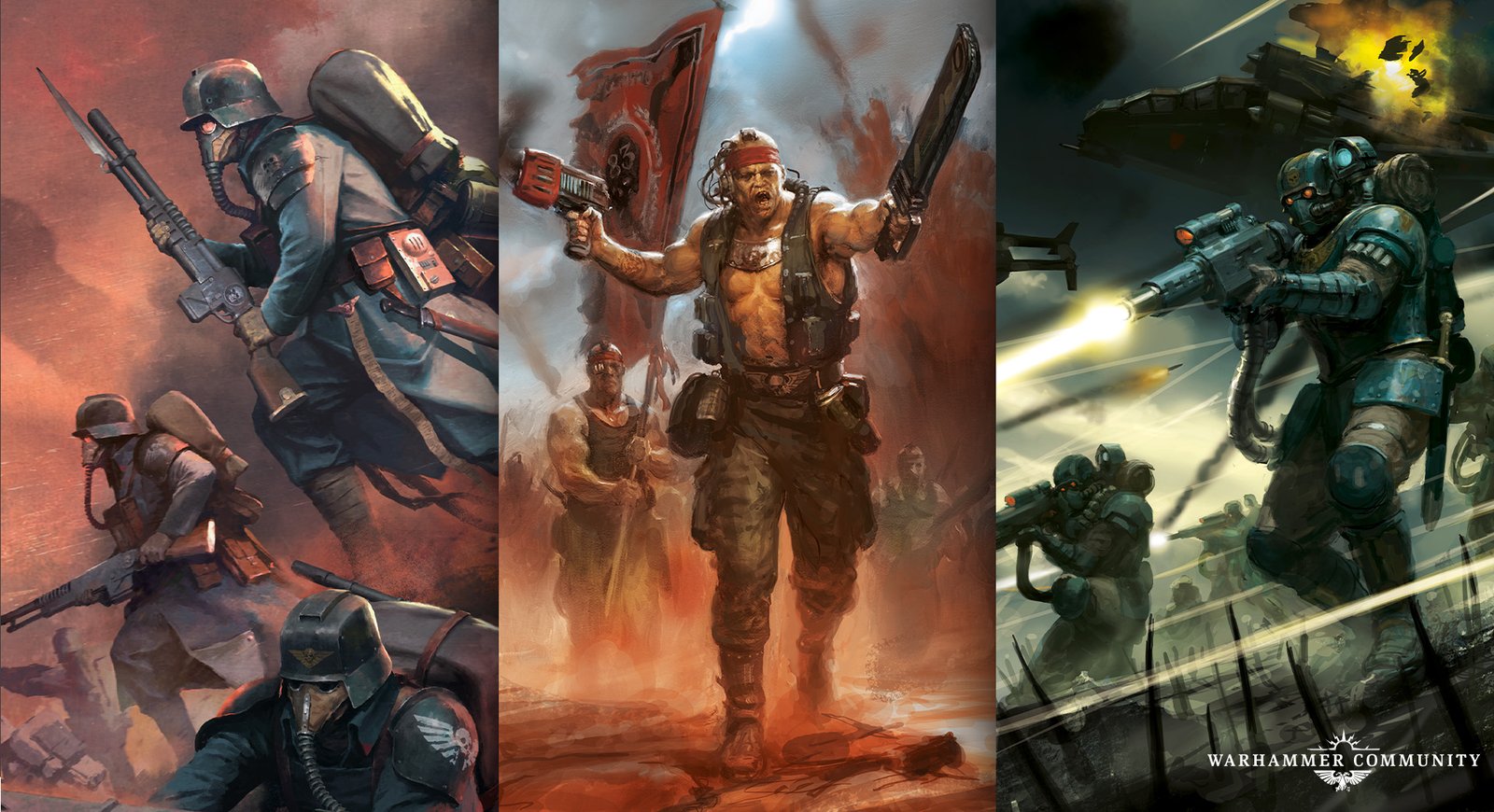 Three Astra Militarum regiments in codex artwork, including a carapace-armoured trooper firing a hot-shot lasgun