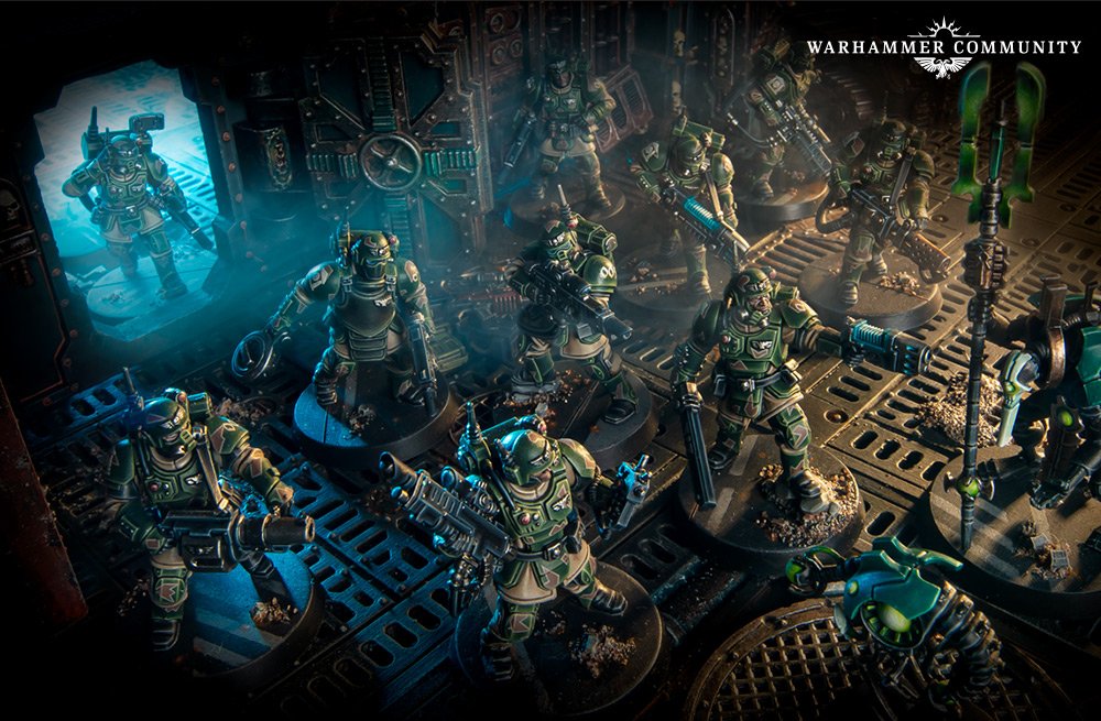 A squad of plastic Kasrkin advancing through a Gallowdark corridor in sealed carapace armour