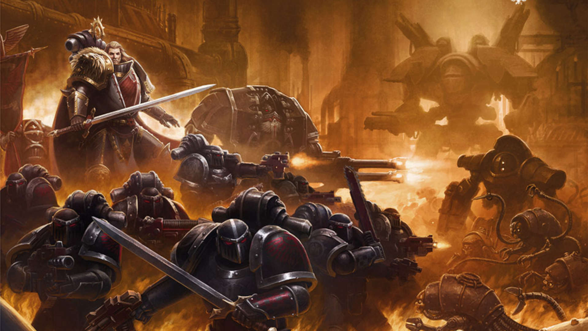 Dark Angels Terminators and battle-brothers advancing through a burning corridor in codex artwork, led by a blond-haired Grand Master with a drawn sword