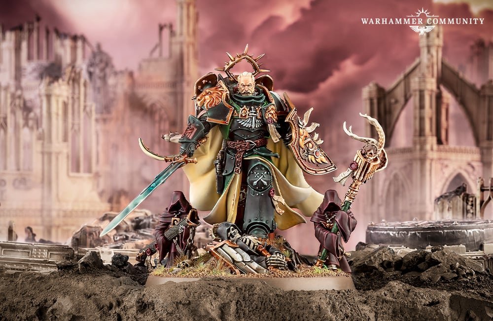 The Lion El'Jonson miniature in his 10th-edition pose, halo and sword aloft, flanked by Watchers in the Dark