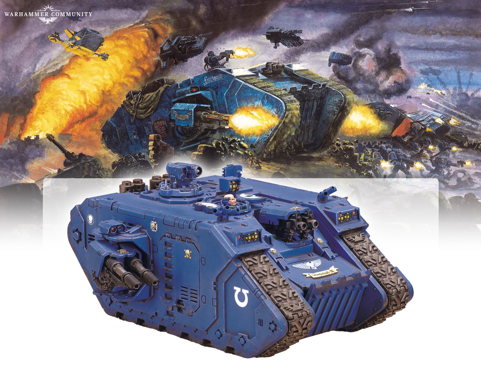 A Space Marine Land Raider firing its weapons amid a battlefield, with the studio model below