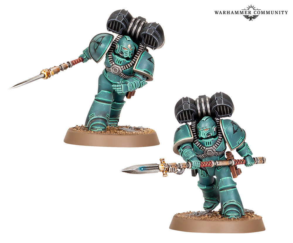 Two MkIV Assault Legionaries in Sons of Horus green with jump packs and power lances