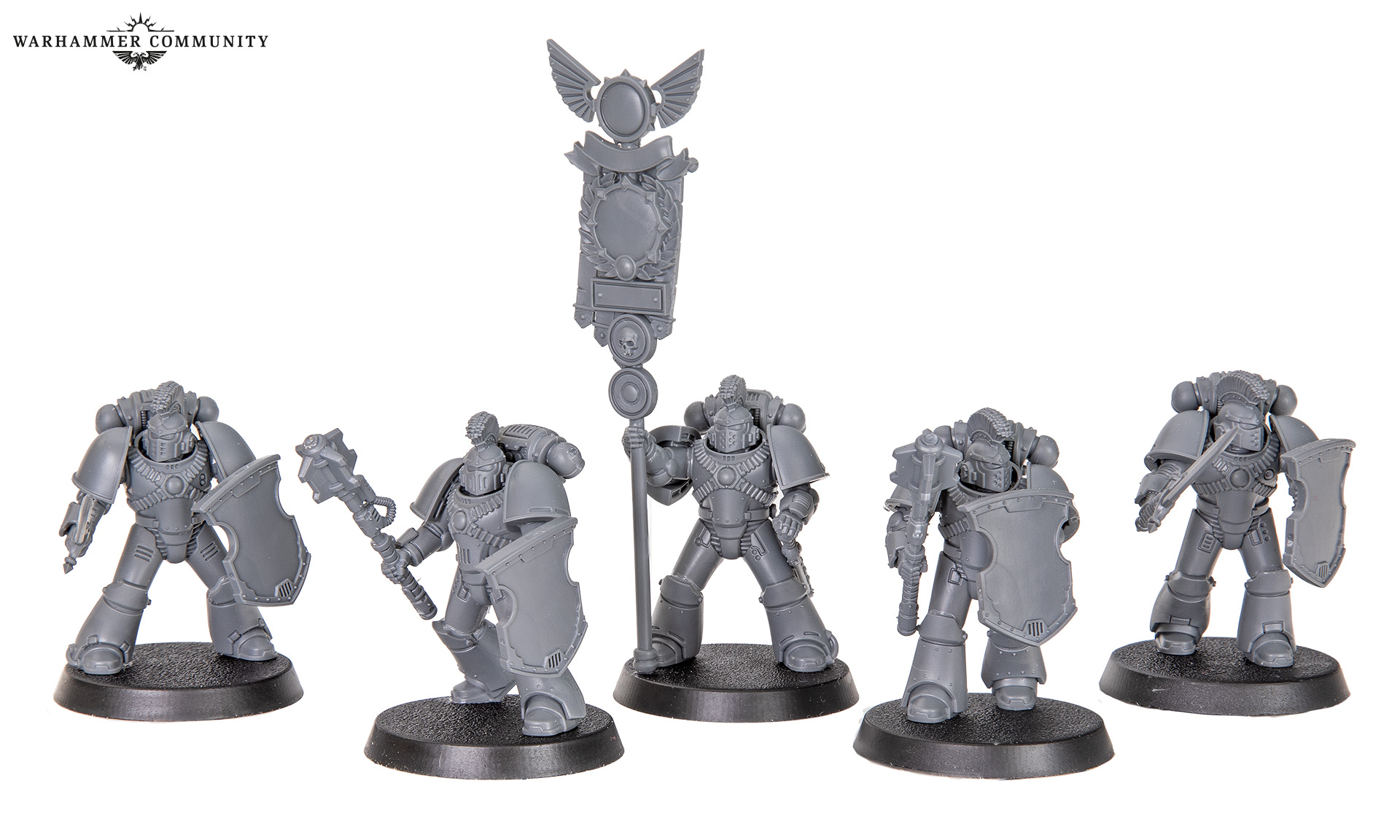 MkIV Praetorian Command Squad miniatures with combat shields and a Legion standard