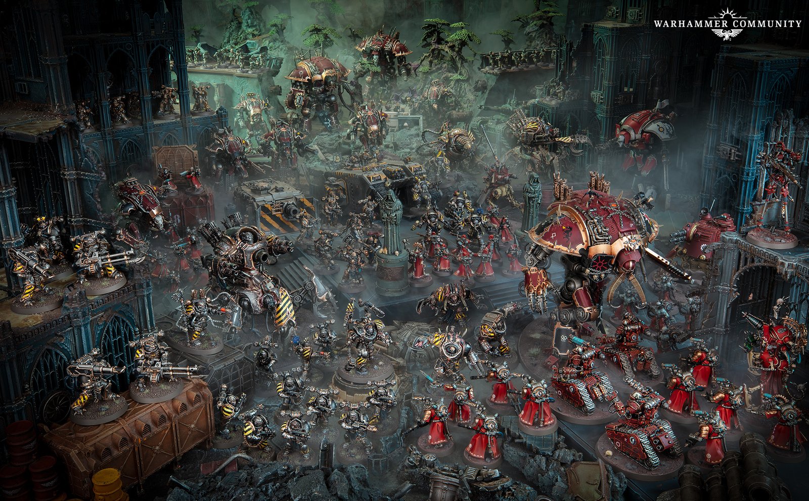 A vast forge-world battlefield with Mechanicus forces and Iron Warriors clashing among ruins