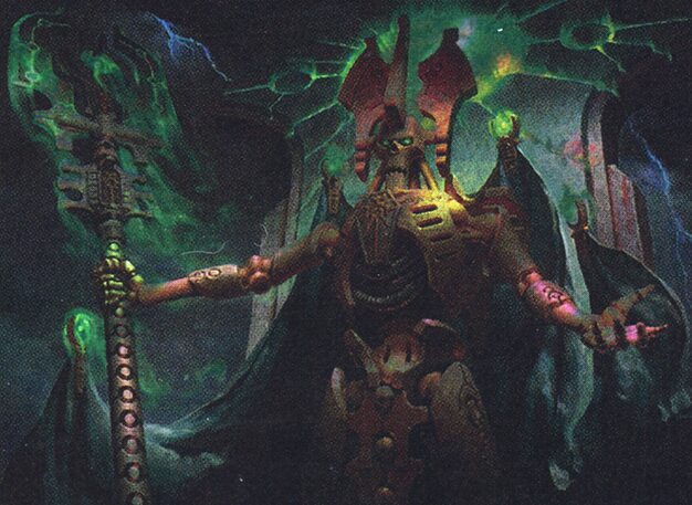 Szarekh, the Silent King, holding his staff in the Necron Dynasties card illustration