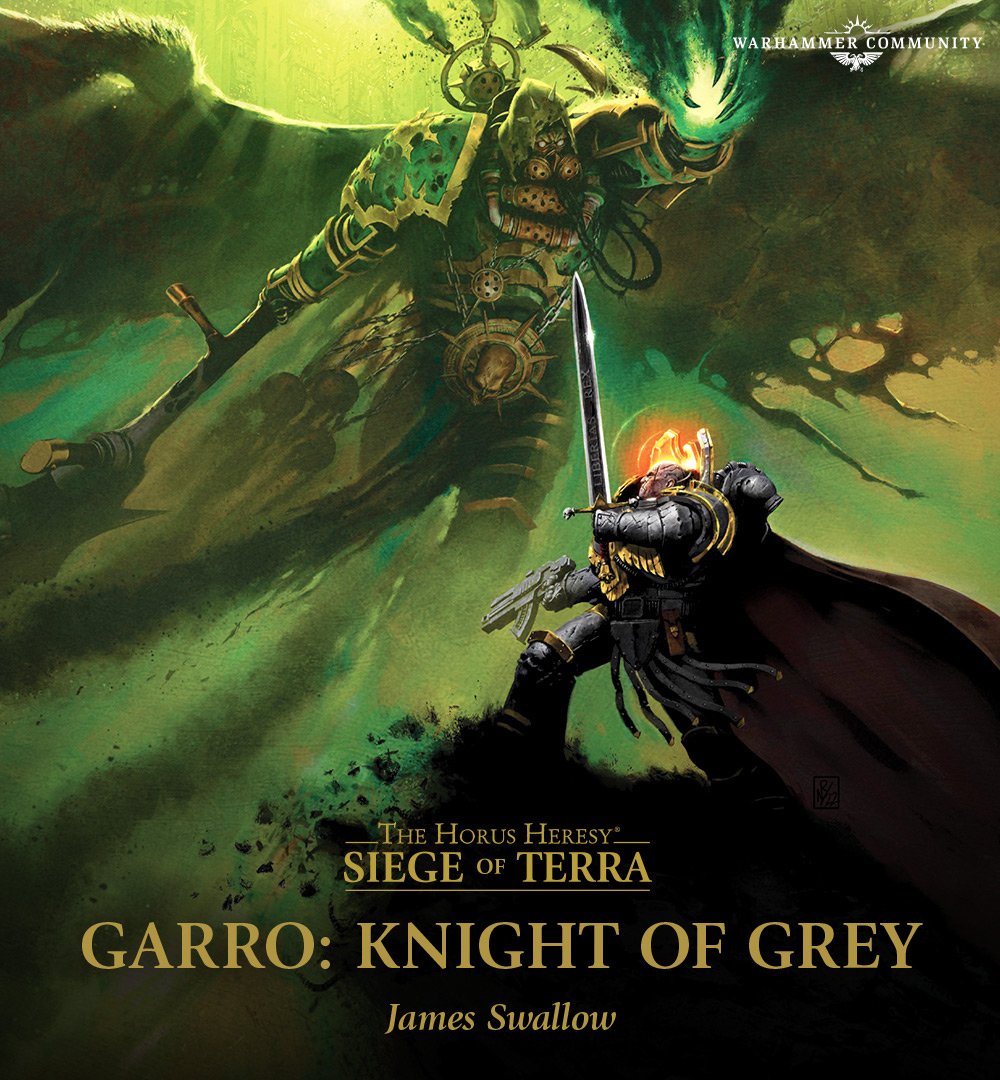 Cover artwork for Garro: Knight of Grey, showing Garro confronting the winged daemon primarch Mortarion