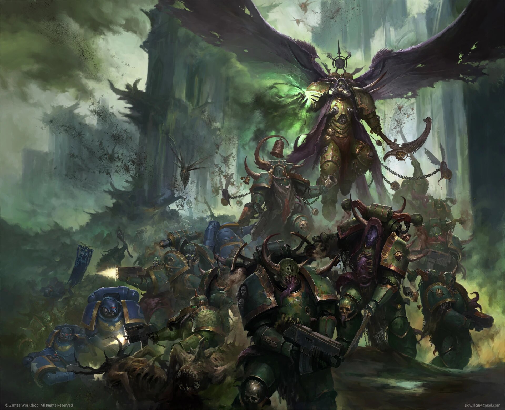 Daemon Primarch Mortarion in a green Nurglite battlefield, the result of the bargain Calas Typhon was steering the Death Guard toward when Zegenda was killed