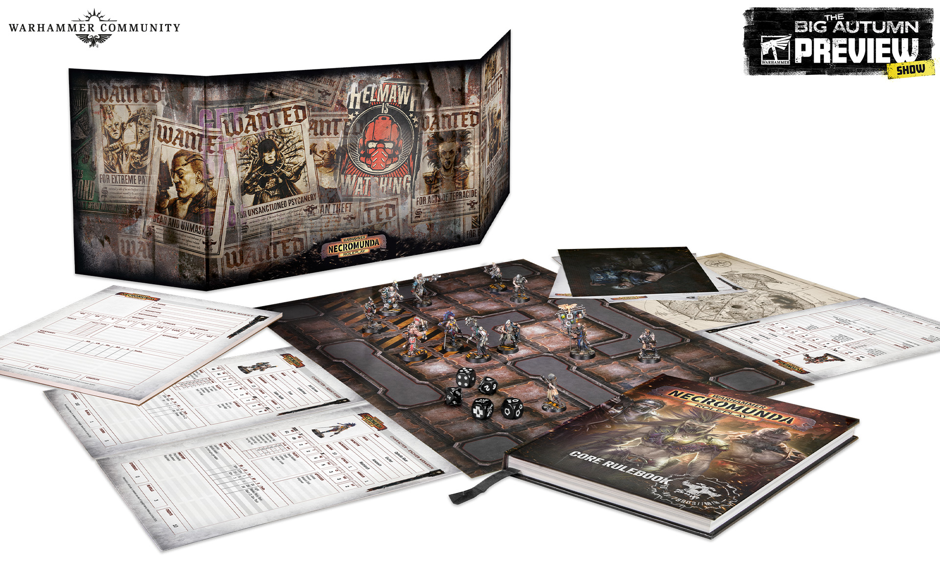 The Necromunda Roleplay Core Set contents including the Arbitrator's screen, playmats, character sheets and rulebook