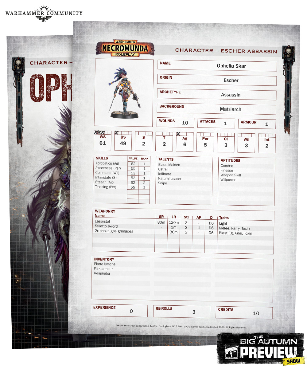 Ophelia Skar's Necromunda Roleplay character sheet showing her Escher origin and Matriarch background