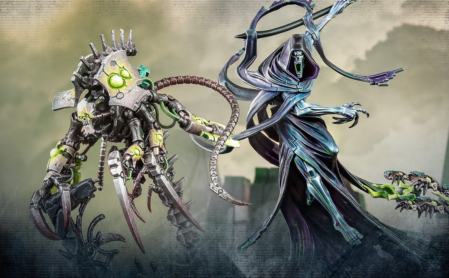 A Necron Flayed One construct reaching toward a robed C'tan shard