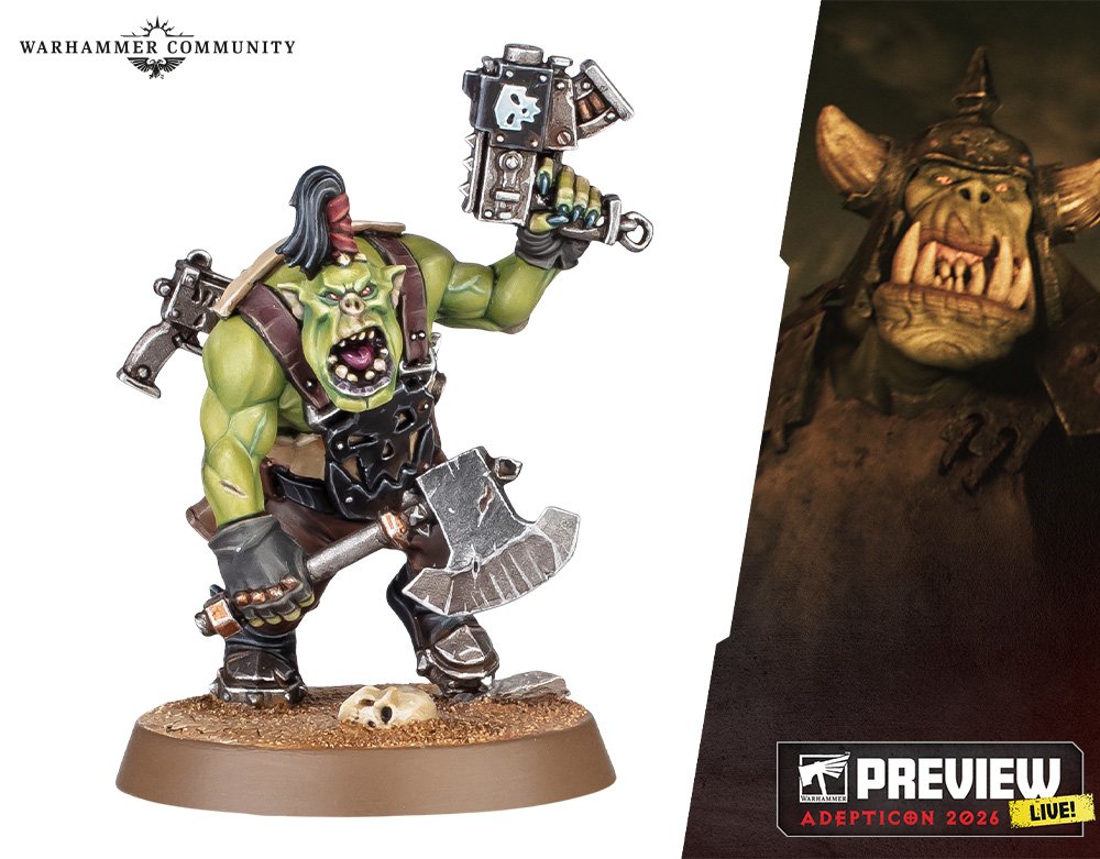 A lone green Ork boss hefting a slugga and a heavy choppa, the biggest git in the mob