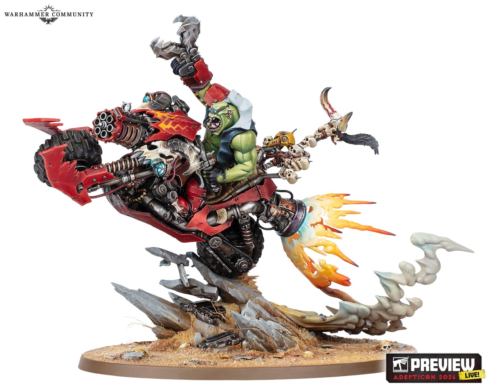 Wazdakka Gutsmek, a one-of-a-kind Speed Freek Warboss, riding his kustom warbike through the flames