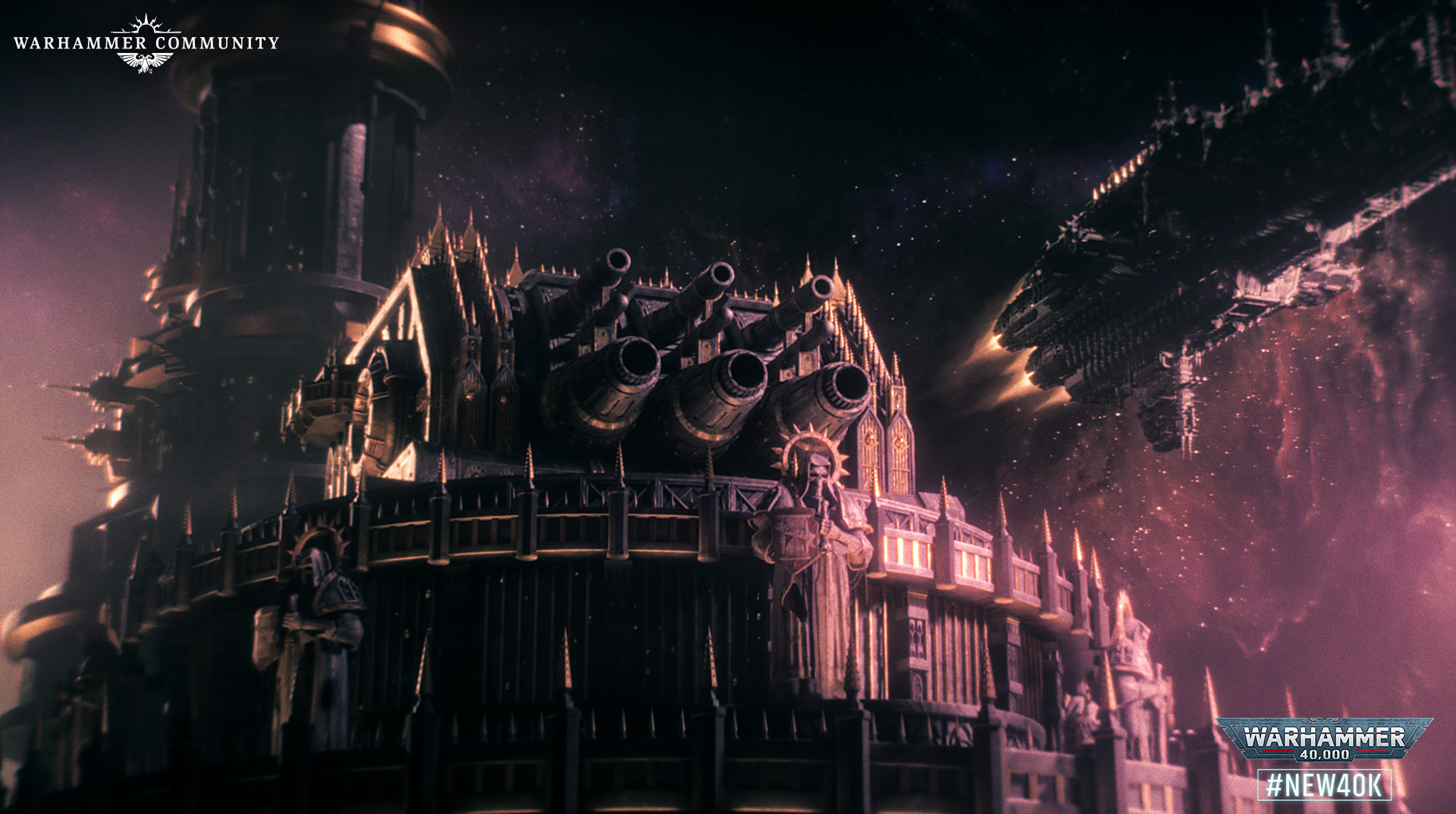 An Imperial battleship enters the Warp, navigating by the Emperor's beacon, in the new 40K trailer