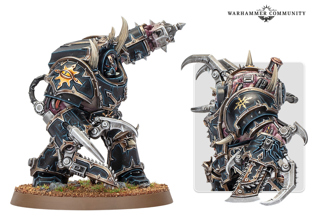 A Mutilator miniature with enormous fleshmetal blades, exposed cabling, and armour grown around its swollen body