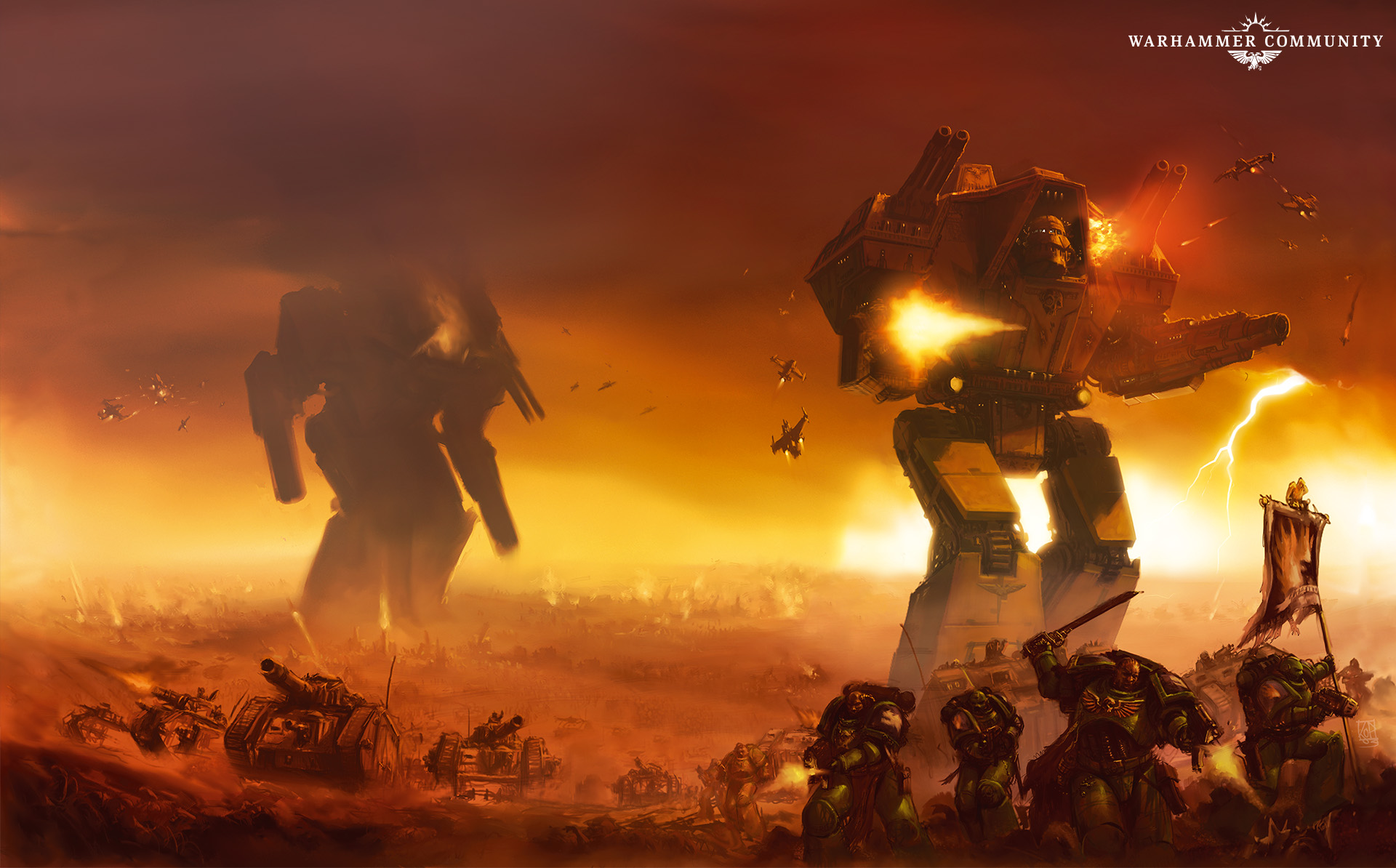 Imperator-class Titans on a desert battlefield with Salamanders Space Marines and Imperial tanks in the foreground