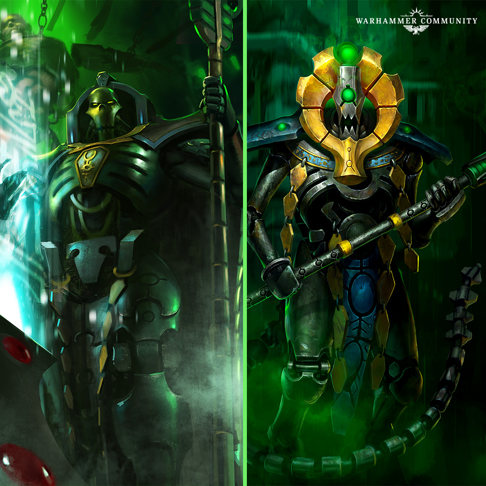 Character art of Trazyn the Infinite in his galleries alongside Orikan the Diviner with his Staff of Tomorrow
