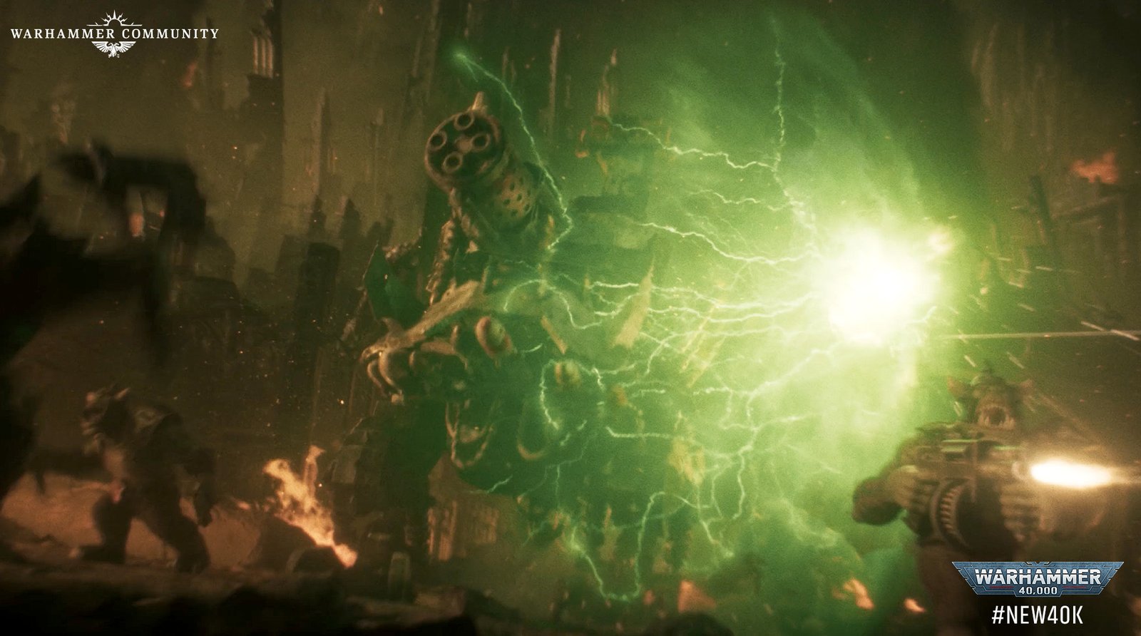 An Ork channelling crackling green Waaagh energy on the battlefield