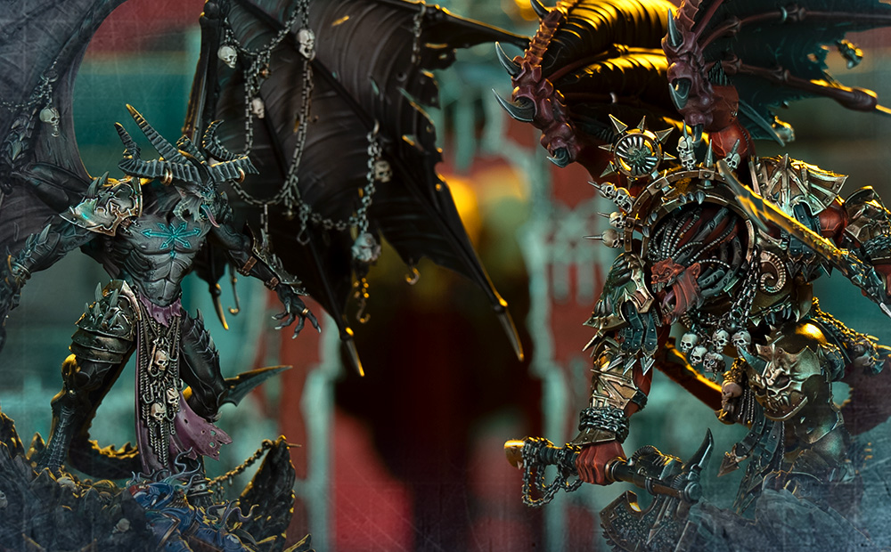 Magnus the Red and Angron — two daemon primarchs in their warp-touched forms