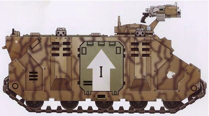 A Raptors Rhino armoured transport painted in desert disruptive camouflage with the Chapter's white eagle icon