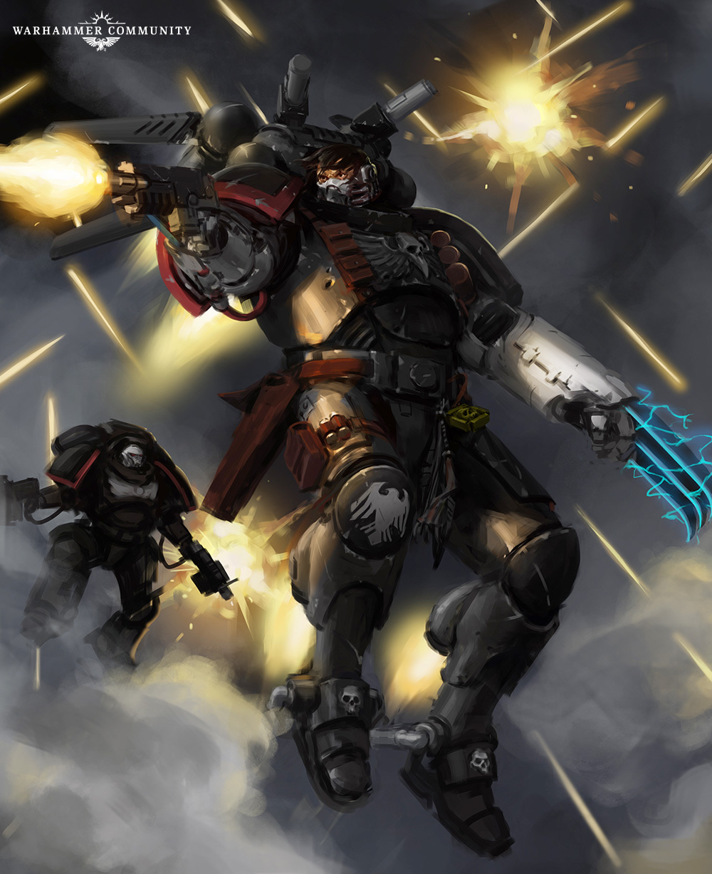 Kayvaan Shrike in flight with lightning claws, firing a pistol through smoke