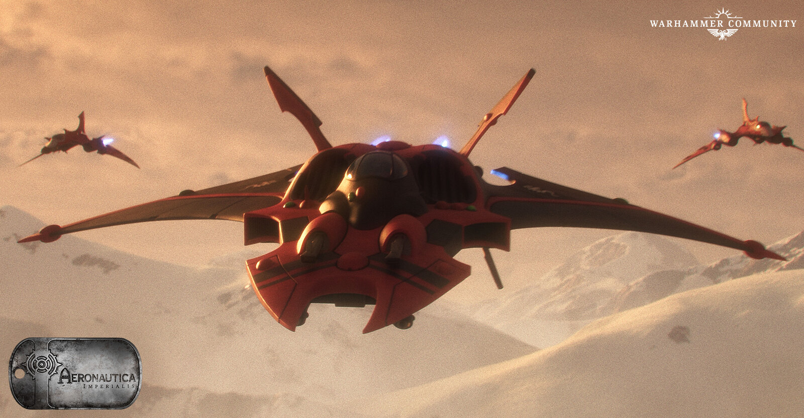 Three red Saim-Hann Nightwings banking over a frozen world in the Aeronautica Imperialis animation