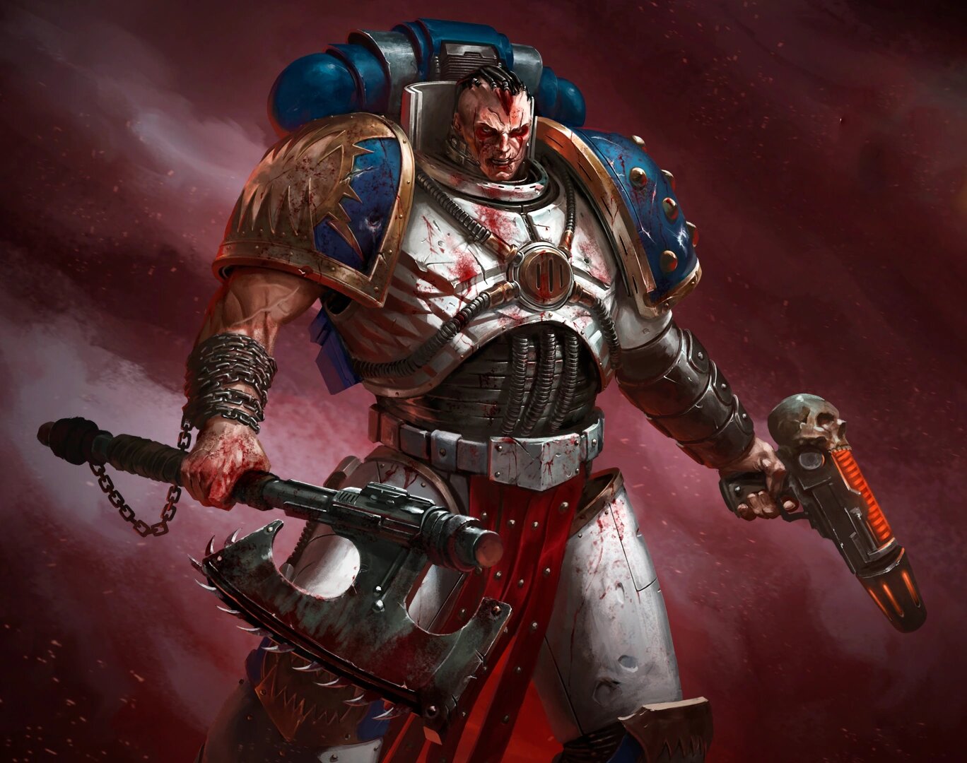 Khârn of the World Eaters with a chainaxe chained to his wrist
