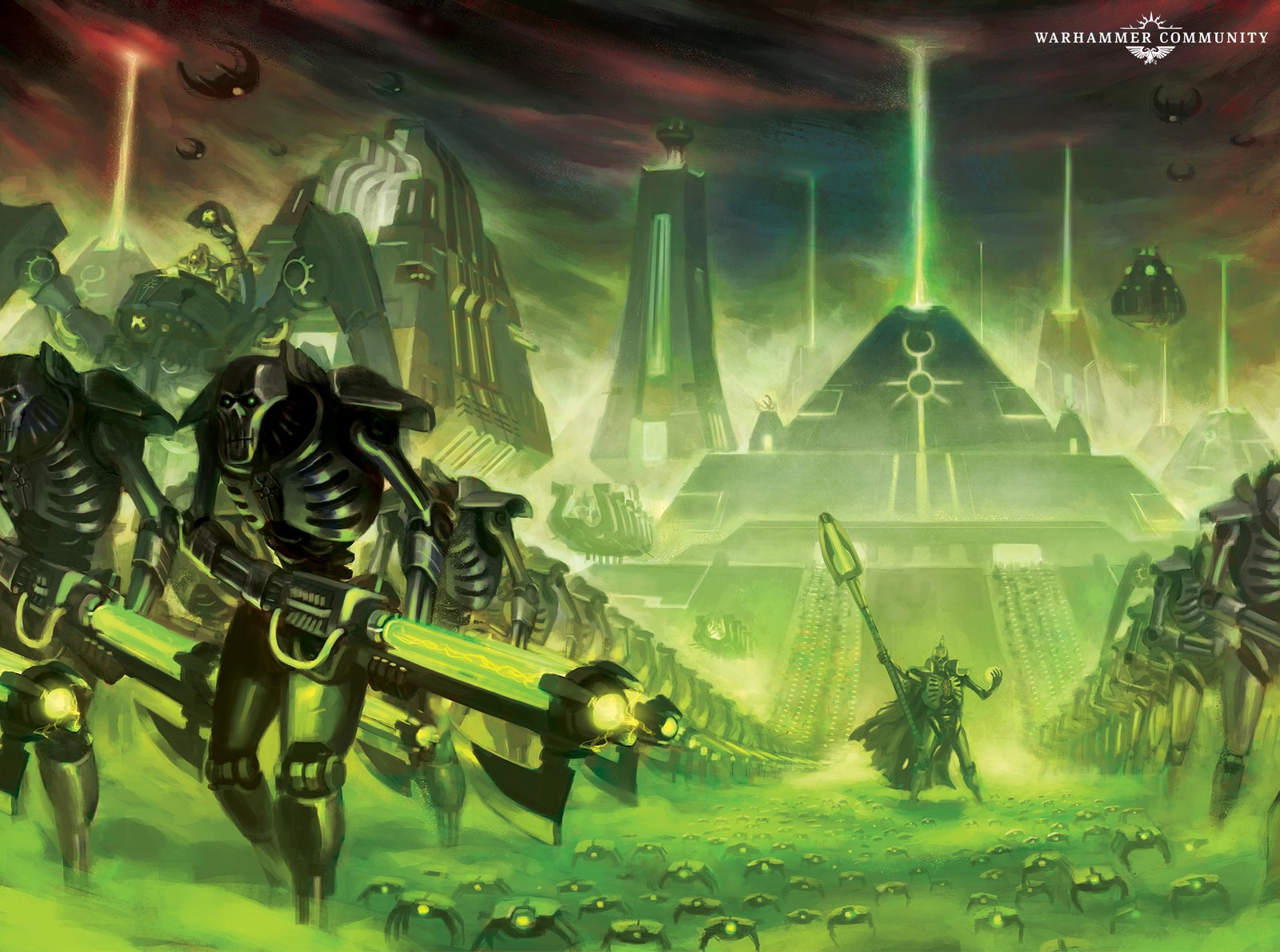 Necron warriors and a lord advance from a tomb-world city under a green sky