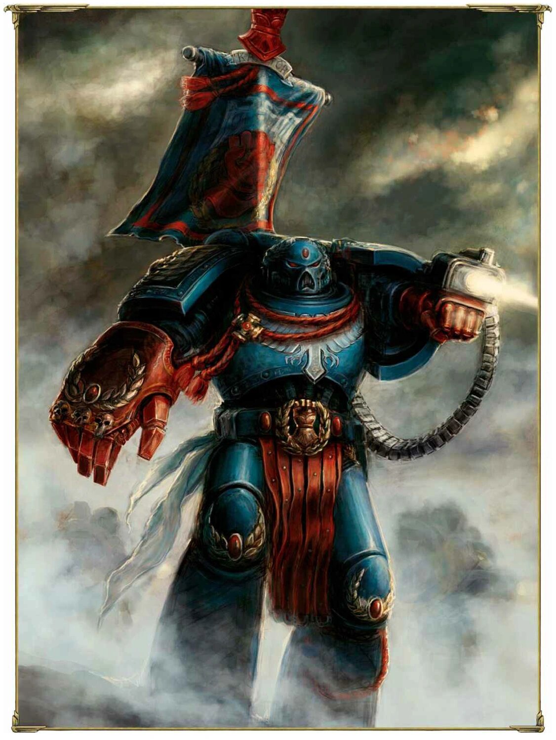 Painted battle art of Pedro Kantor in blue and red Crimson Fists power armour, banner raised in one gauntlet, plasma pistol firing from the other