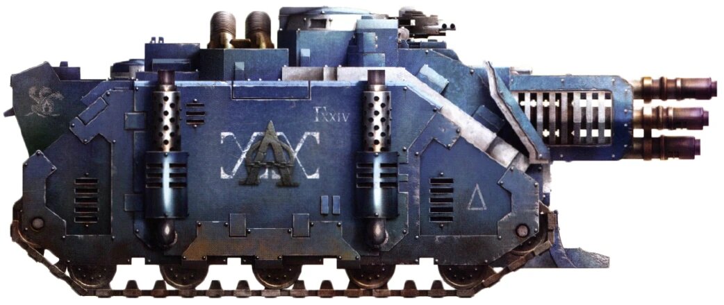 A blue-armoured Space Marine Vindicator tank in side profile, its demolisher cannon visible, one of the eleven kits moving to Legends status