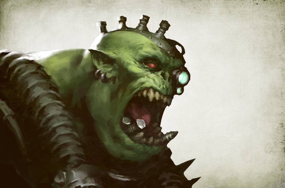 A green-skinned Ork roars in dramatic painterly art, scrap armour and bolts visible