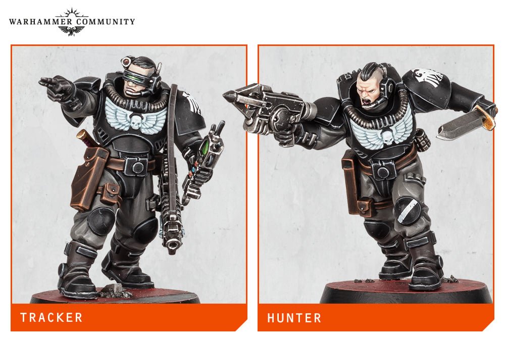 Two Space Marine Scout miniatures labelled Tracker and Hunter, showing shoulder plates and chest armour worn over unarmoured fatigues