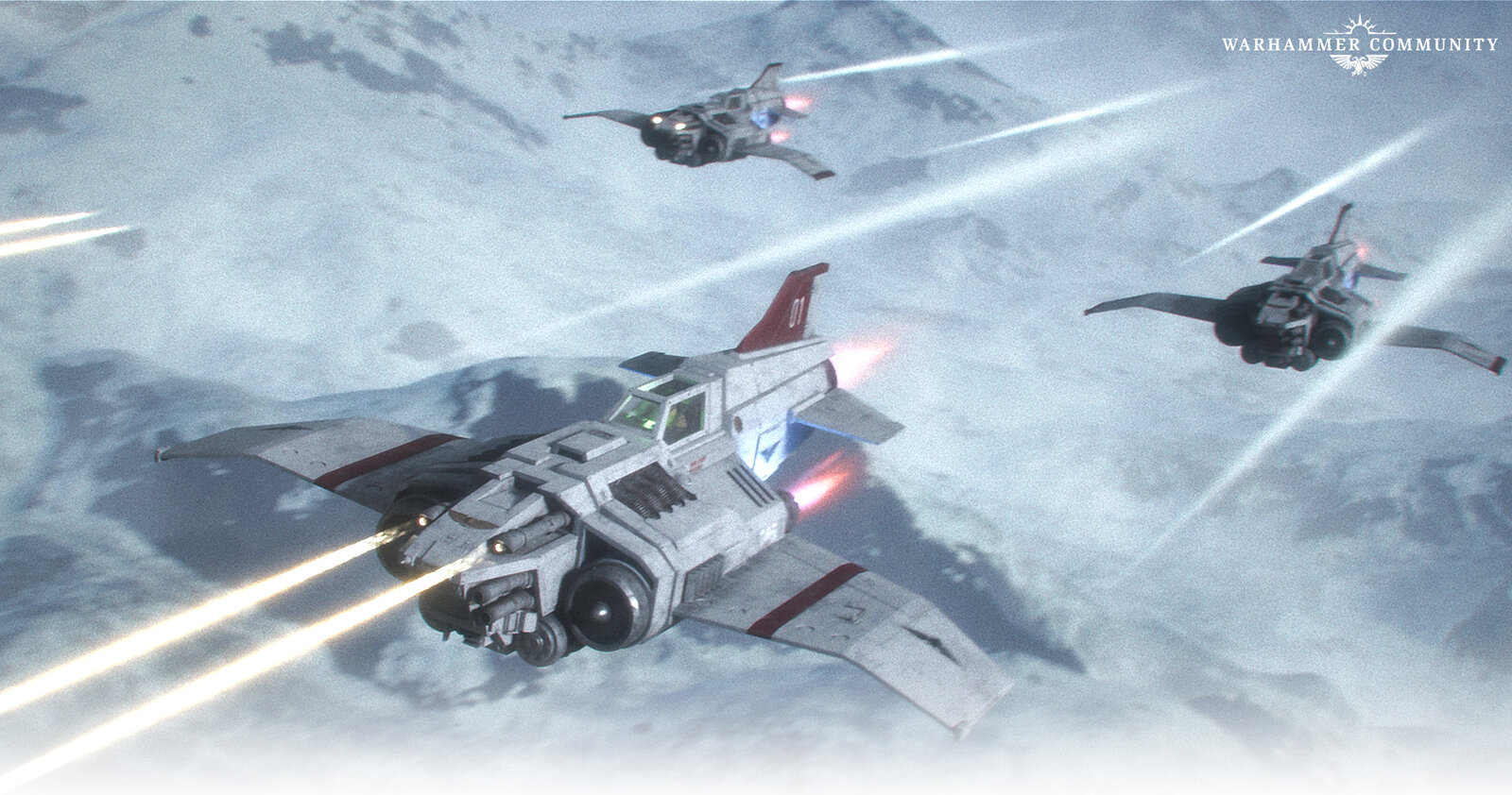 Imperial Navy Thunderbolt fighters diving and firing over a snowfield in the Aeronautica Imperialis animation