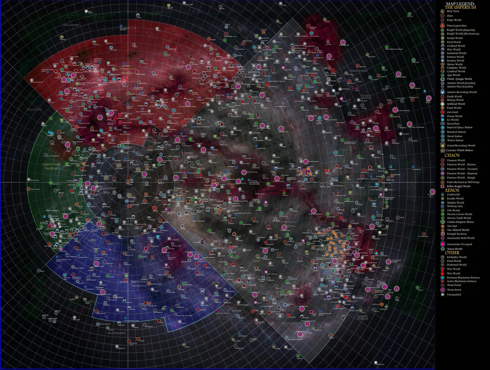 Map of the Warhammer 40,000 galaxy in the Era Indomitus, showing the Great Rift cutting across thousands of labelled worlds