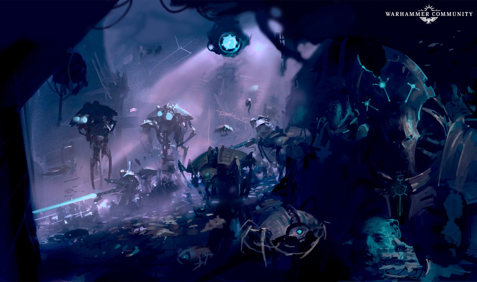 A Necron tomb-world gallery, its halls filled with silent constructs and preserved captives
