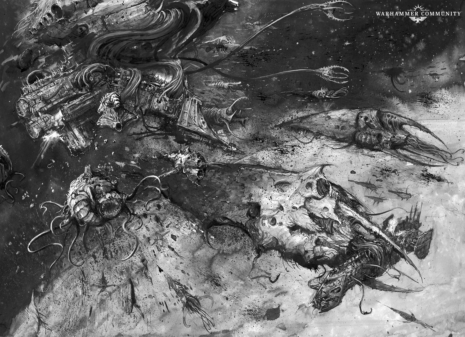 An Imperial warship drifts among the corpses of Tyranid bio-ships in deep space