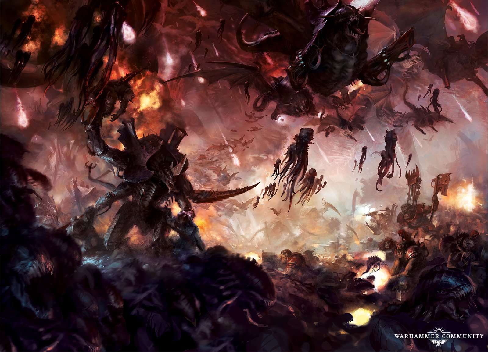 Tyranid monsters and Ork warriors clash amid fire and falling spores in a night battle